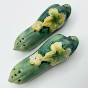 Vintage 1950s Cucumber Salt Pepper Shakers Hand Painted Set Porcelain Blossom